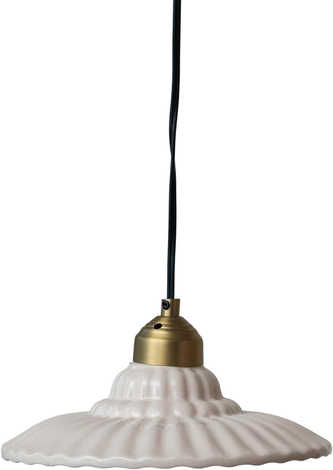 Cream Pleated Stoneware Pendant Lamp with Gold Accents