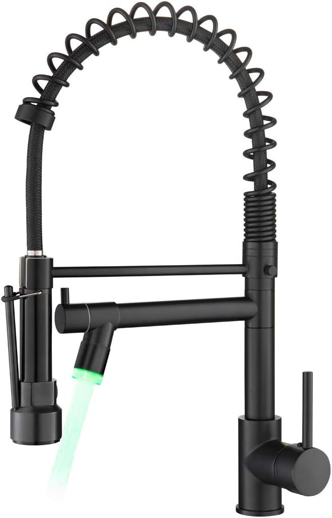 Matte Black Commercial Spring Kitchen Faucet with LED Sprayer