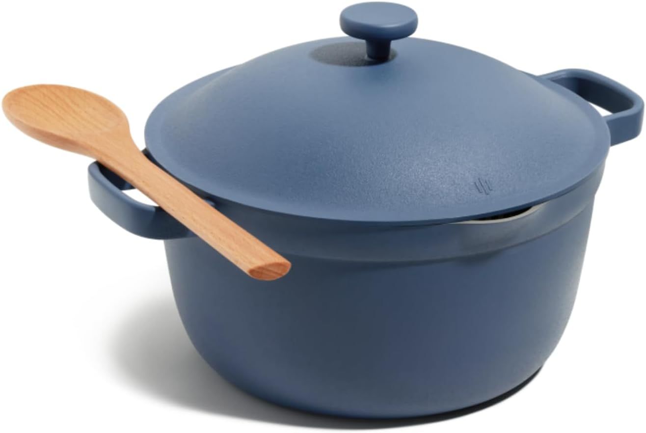 Blue Aluminum Nonstick Pot with Lid and Spoon