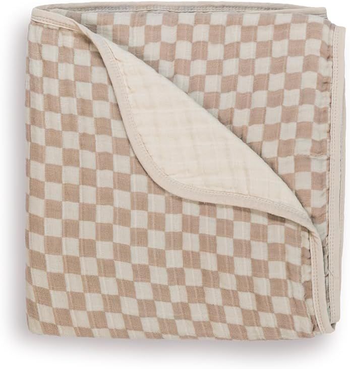 Soft Cotton Muslin Reversible Baby Blanket in Beige and White