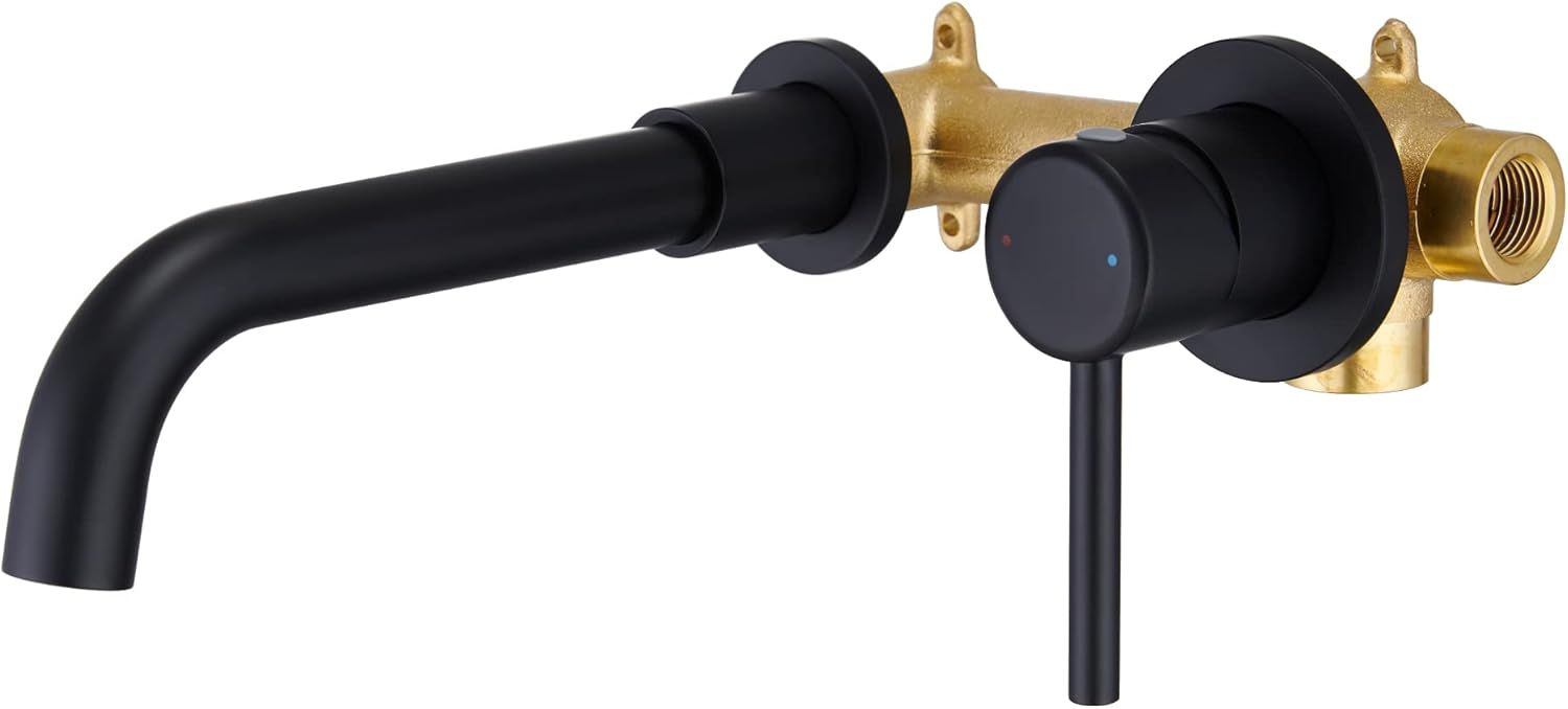 Matte Black Wall-Mounted Bathroom Faucet with Brass Valve