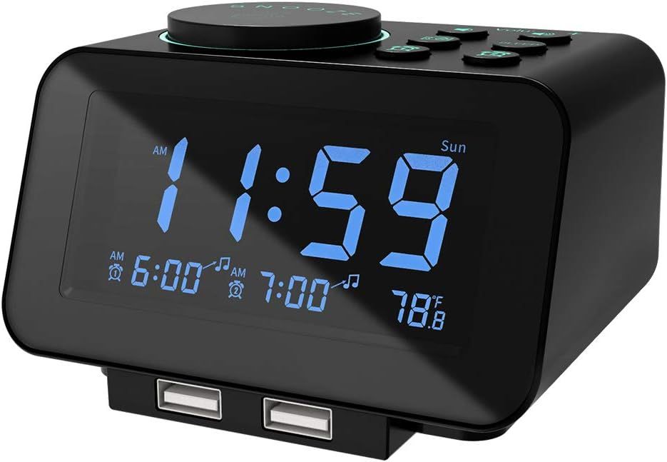 Black Digital Alarm Clock with USB Ports and FM Radio