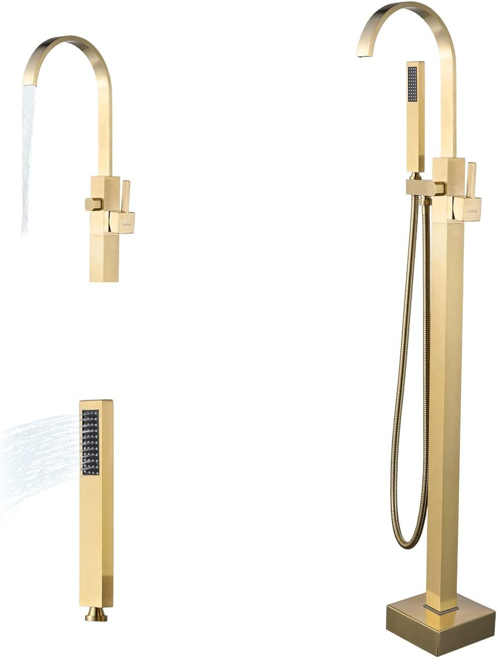 Brushed Gold Brass Waterfall Floor Mount Freestanding Tub Faucet