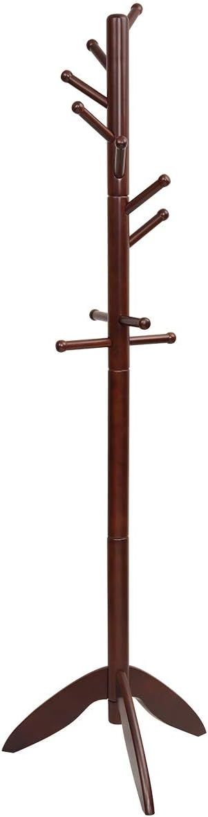 Dark Brown Rubber Wood Freestanding Coat Rack with 11 Hooks