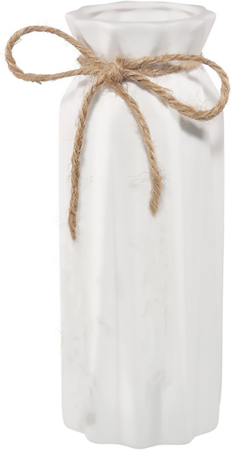 White Ceramic Textured Vase with Jute Bow, 8.27" H