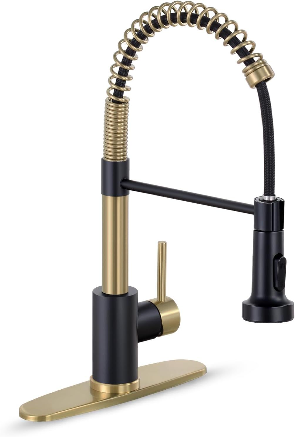 Black and Gold Stainless Steel High-Arc Kitchen Faucet with Pull-Out Spray