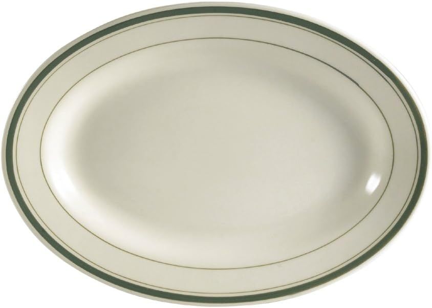 Green Banded Ceramic Oval Platter, 12.5 x 8.6 Inches