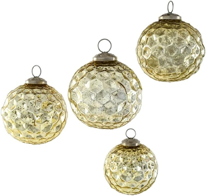 Set of 4 Gold Diamond Dimple Glass Ball Ornaments