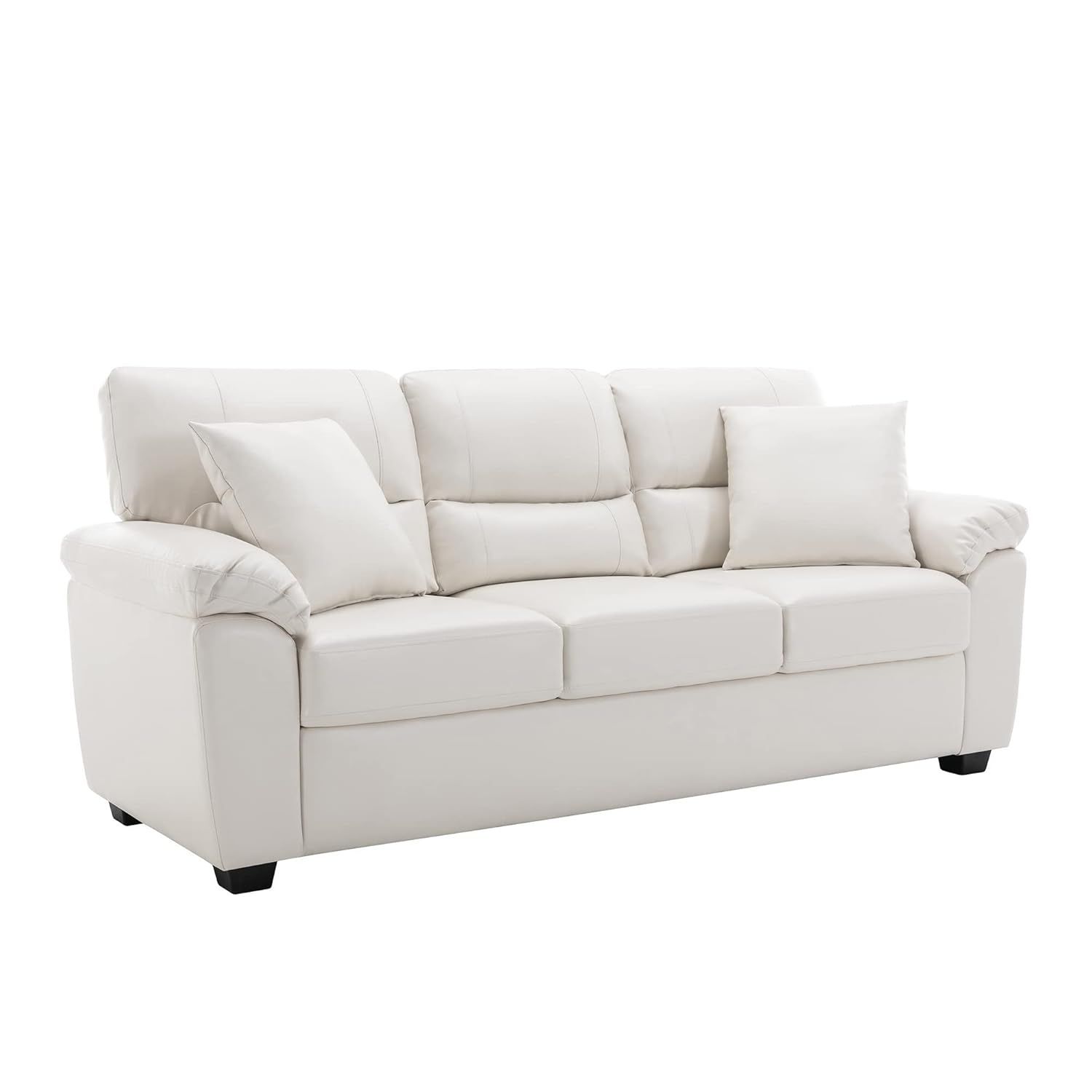White Faux Leather Three-Seater Sofa with Removable Cushions