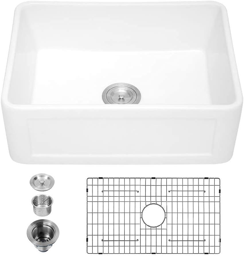 24-Inch Glossy White Fireclay Farmhouse Kitchen Sink with Accessories