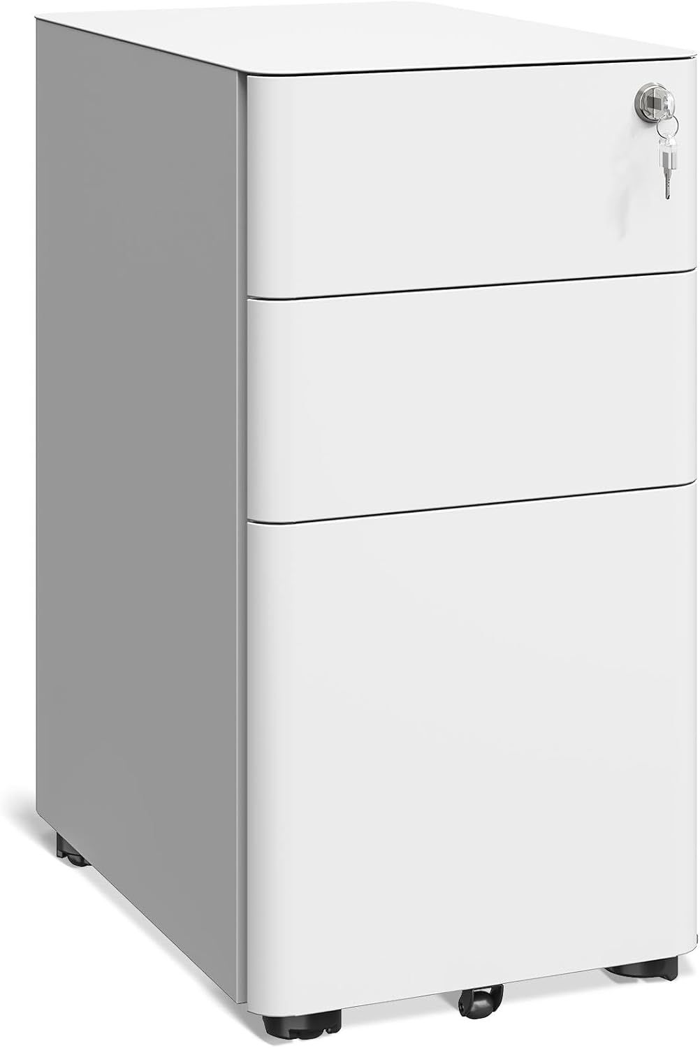 White Steel Mobile 3-Drawer Lockable Filing Cabinet