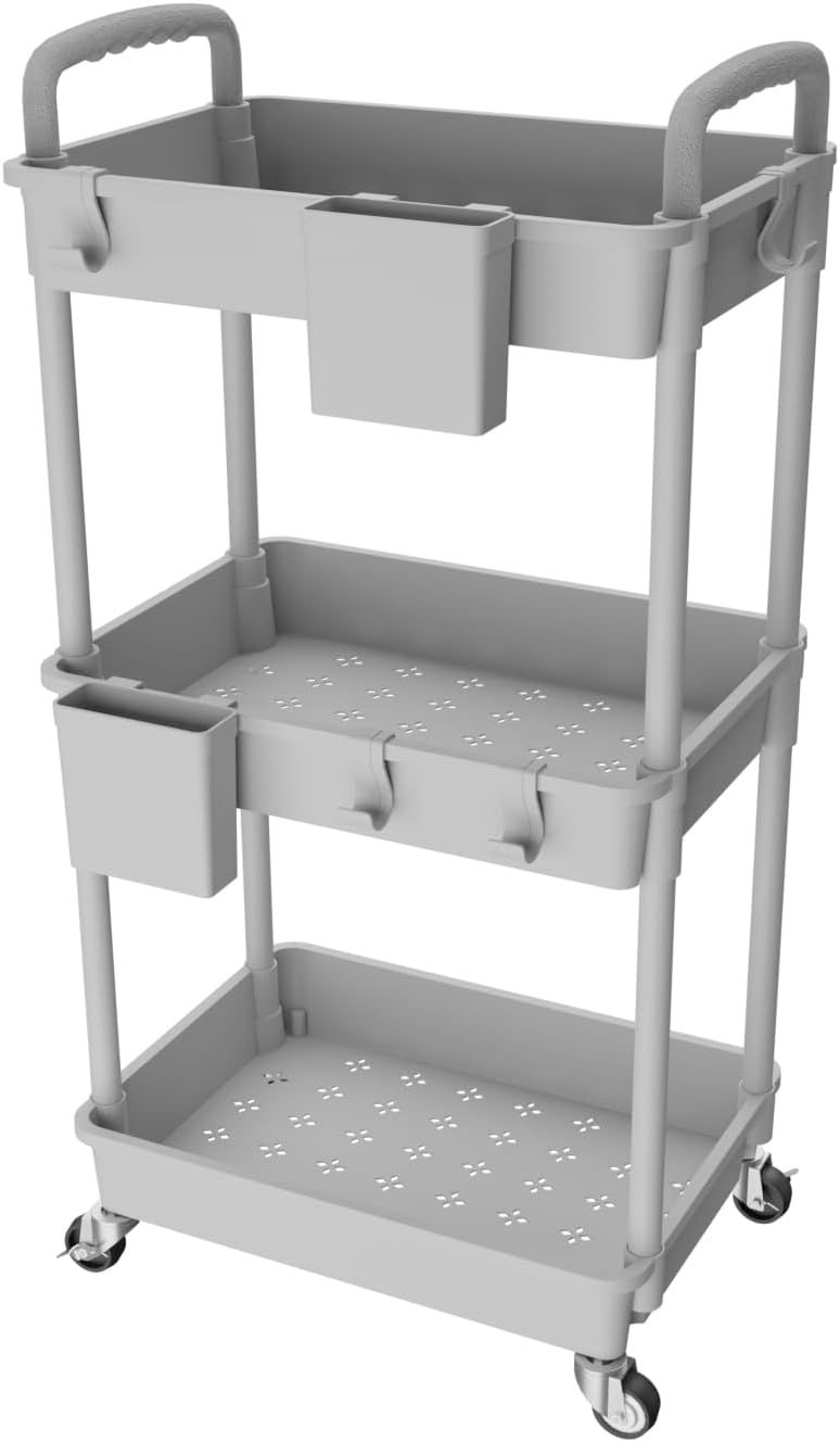 Gray 3-Tier Rolling Utility Cart with Handle and Storage Organizer