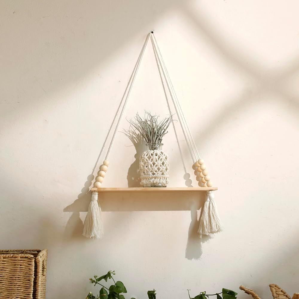 Boho Pine Wood Macrame Hanging Shelves with Tassels, Set of 2