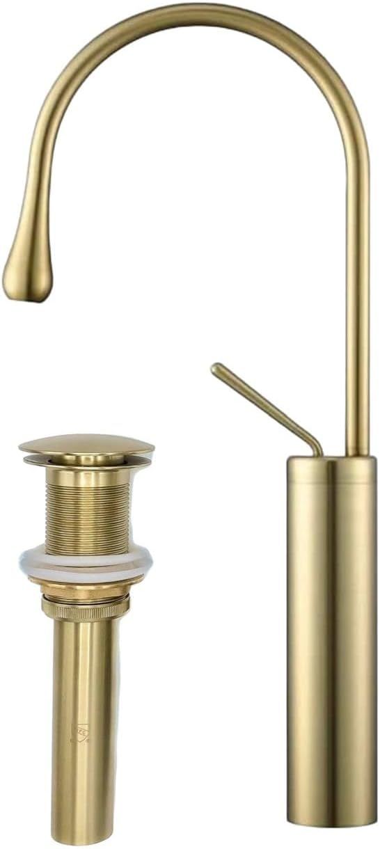 Brushed Gold Tall Brass Bathroom Faucet with Pop-Up Drain