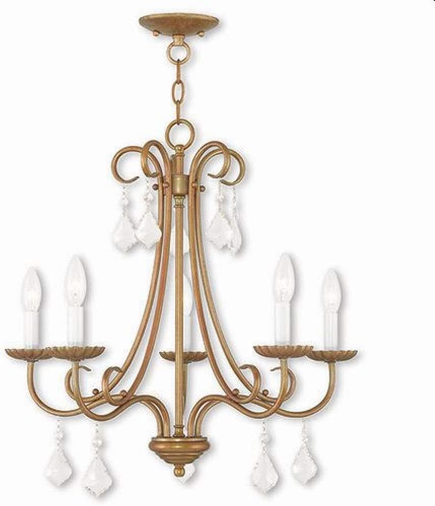 Antique Gold Leaf 5-Light Chandelier with Teardrop Crystals