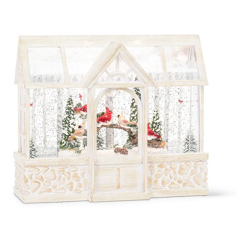 White Cardinals in Greenhouse LED Snow Globe Lantern