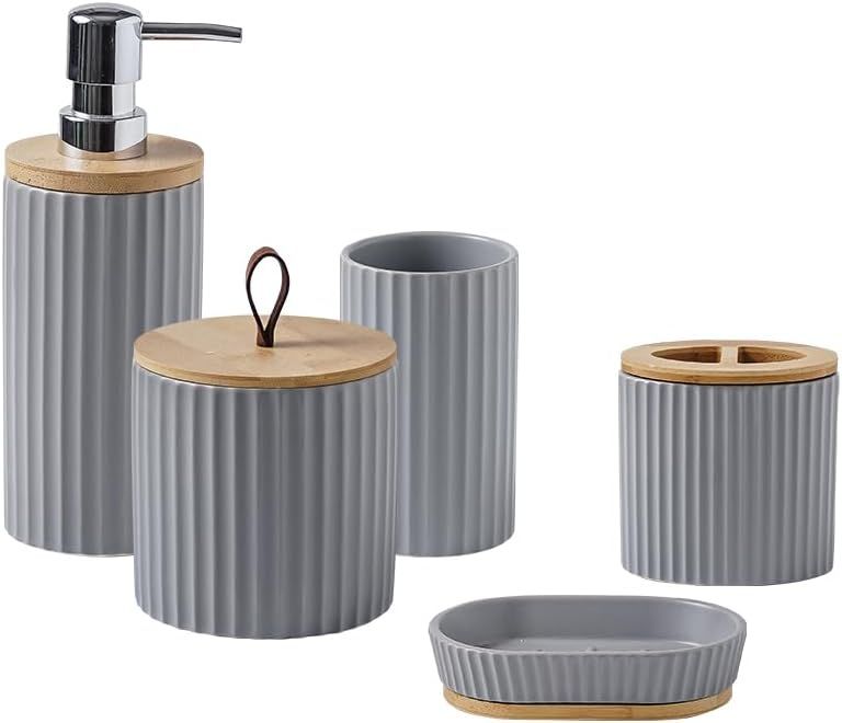 Gray Ceramic and Bamboo 5-Piece Bathroom Accessory Set