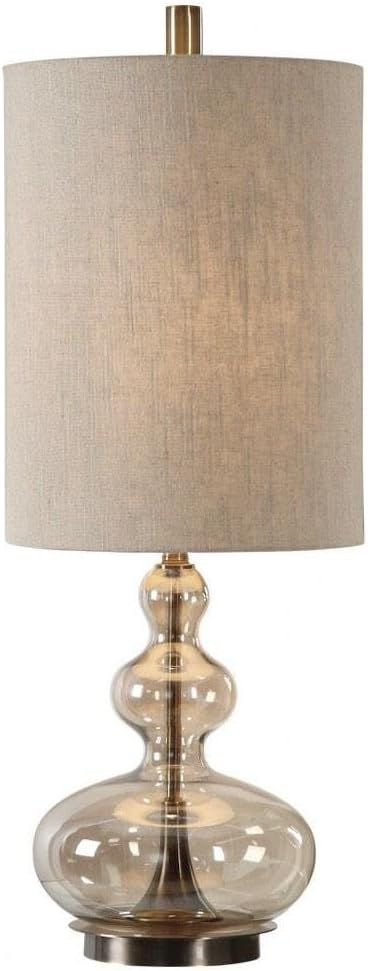 Light Amber Glass Table Lamp with Khaki Linen Shade