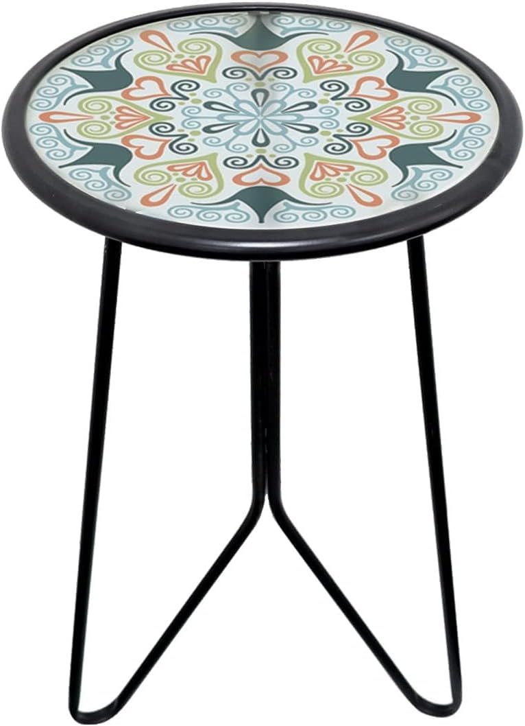 12" Green Metal and Glass Round Outdoor Side Table