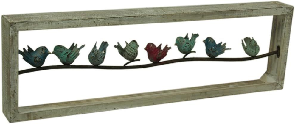 Distressed Multicolor Metal Birds on Weathered Wood Frame Wall Sculpture