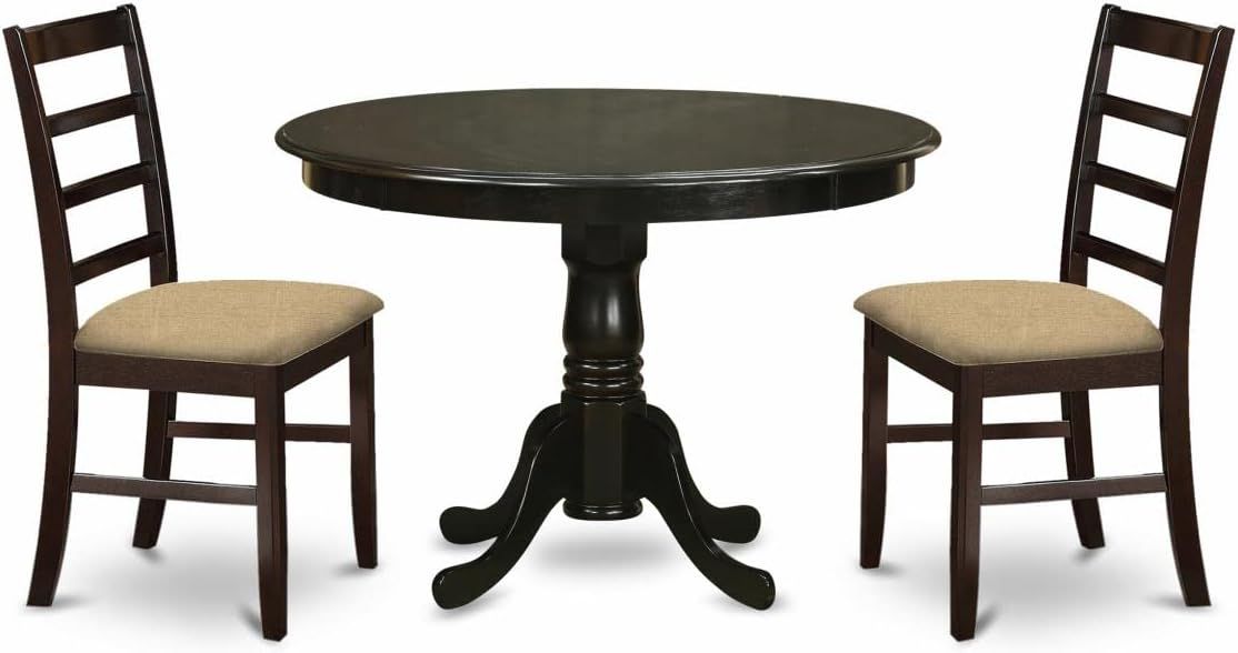 Cappuccino Wood Round Dining Table with Beige Upholstered Chairs