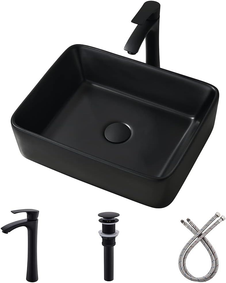 Matte Black Ceramic Rectangular Vessel Sink with Faucet Combo