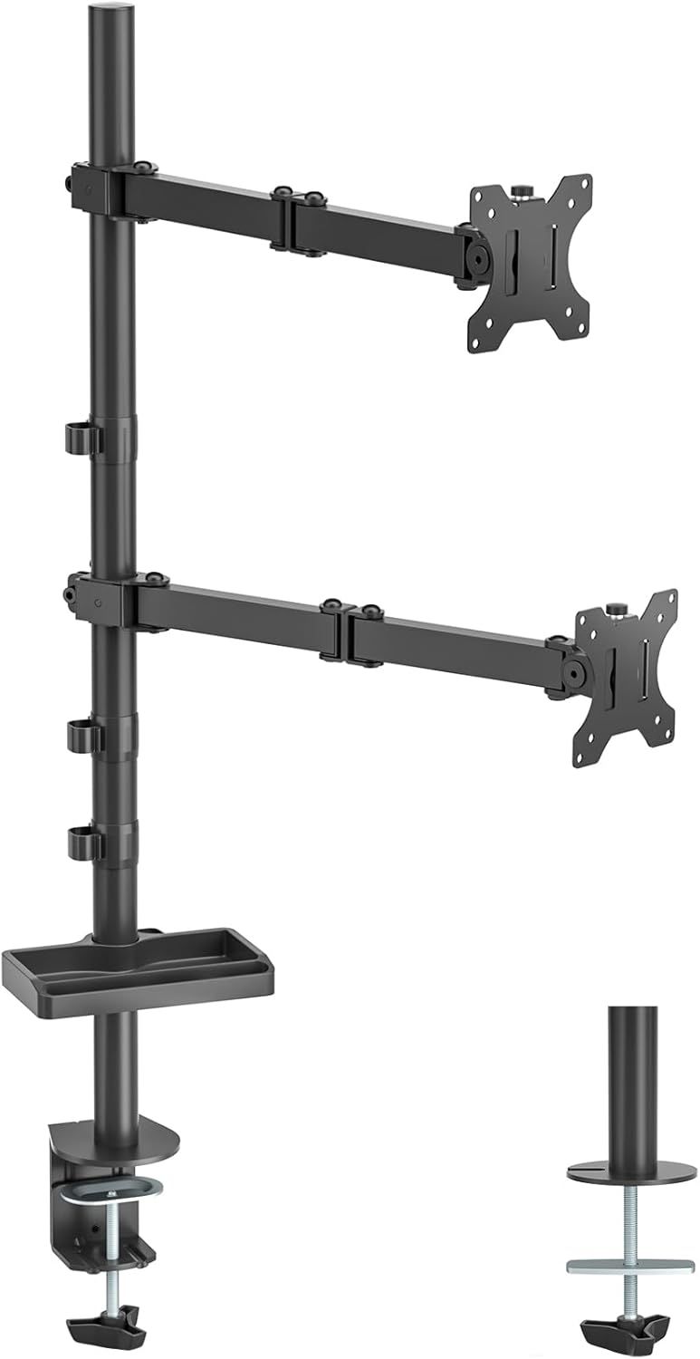 Dual Vertical Monitor Mount with Storage Tray and Adjustable Arms