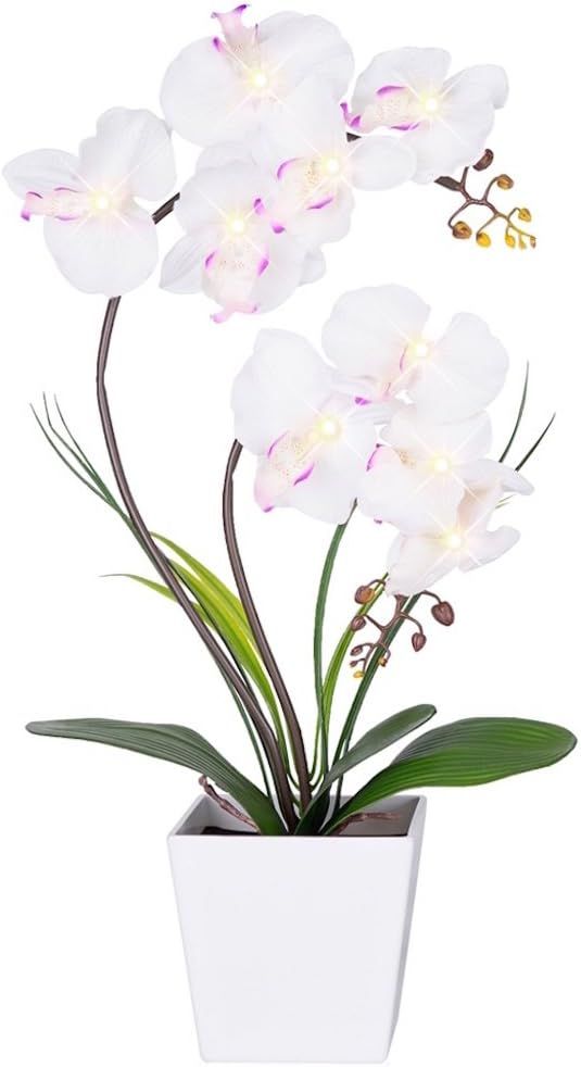 White LED Lighted Artificial Orchid Arrangement in Square Pot