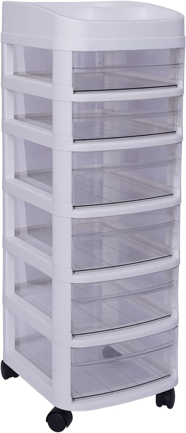 White 6-Tier Plastic Rolling Storage Cart with Clear Drawers