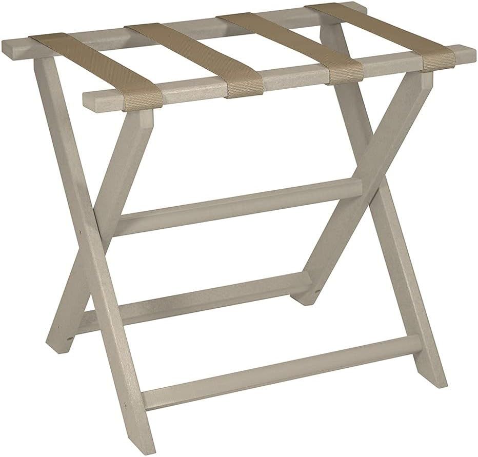 Taupe Folding Luggage Rack with Dark Tan Straps