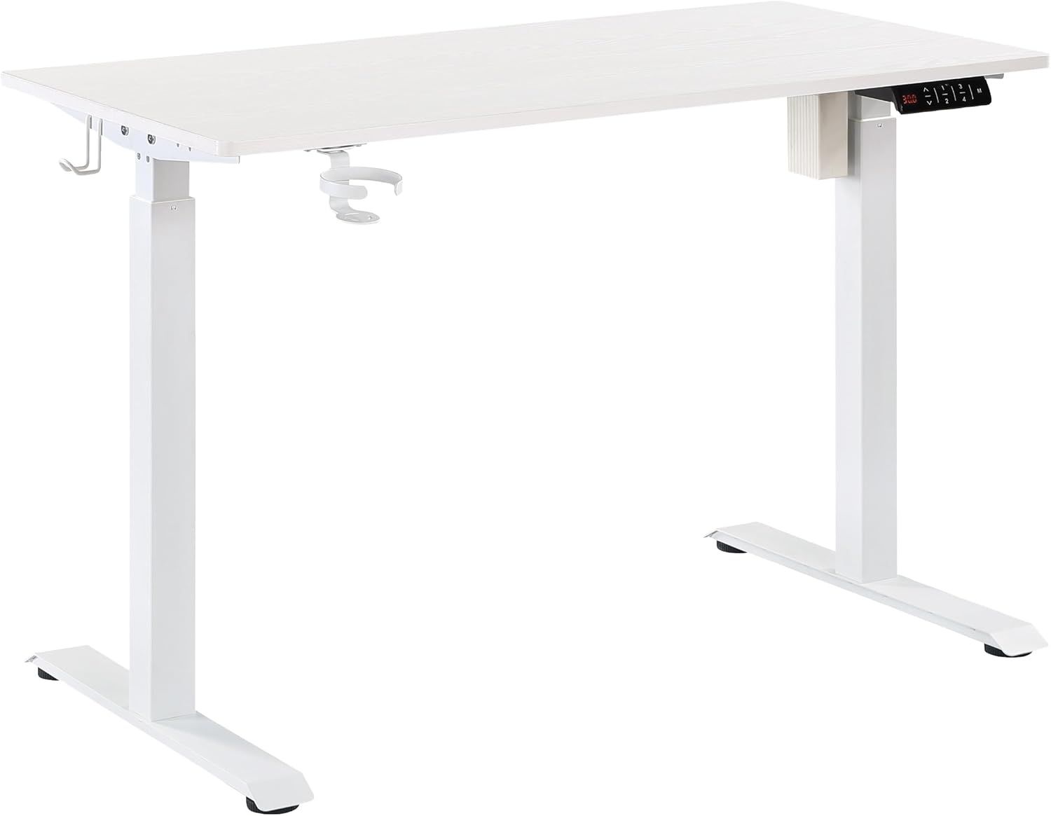 White Adjustable Height Standing Desk with USB Ports and Cup Holder