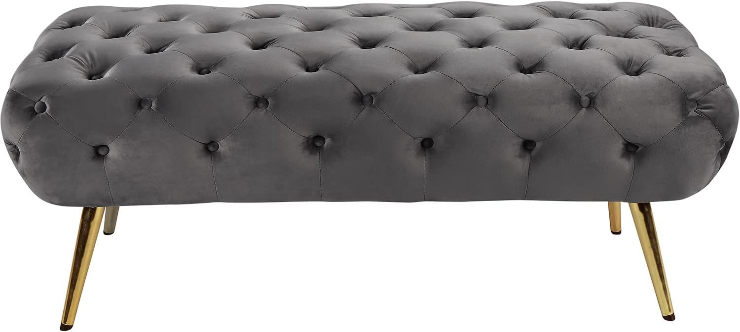Amara Luxe Grey Velvet Bench with Gold Stainless Steel Legs
