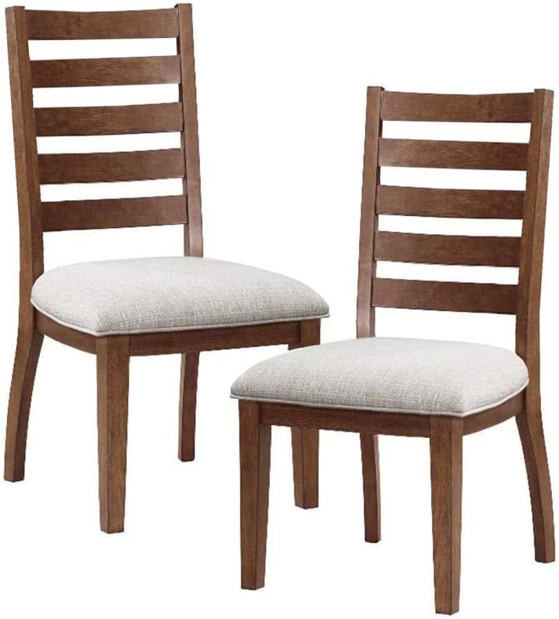 Walnut Ladderback Upholstered Dining Chairs with Gray Cushions, Set of 2