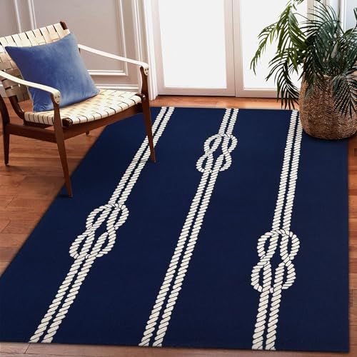 Coastal Bliss Navy Blue 5' x 7' Hand-Tufted Synthetic Rectangular Rug