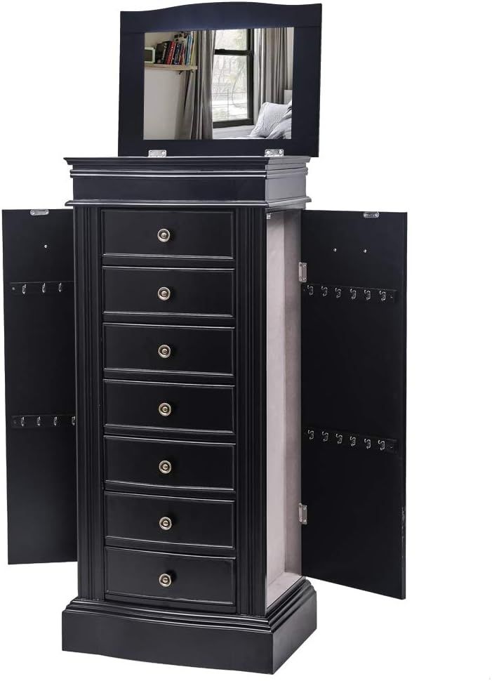 Black MDF Jewelry Armoire with Mirror and Drawers