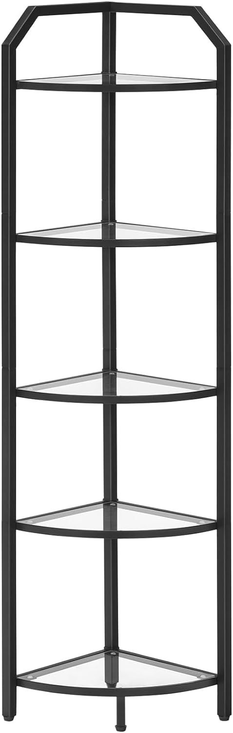 Black 5-Tier Steel and Glass Corner Shelf Stand