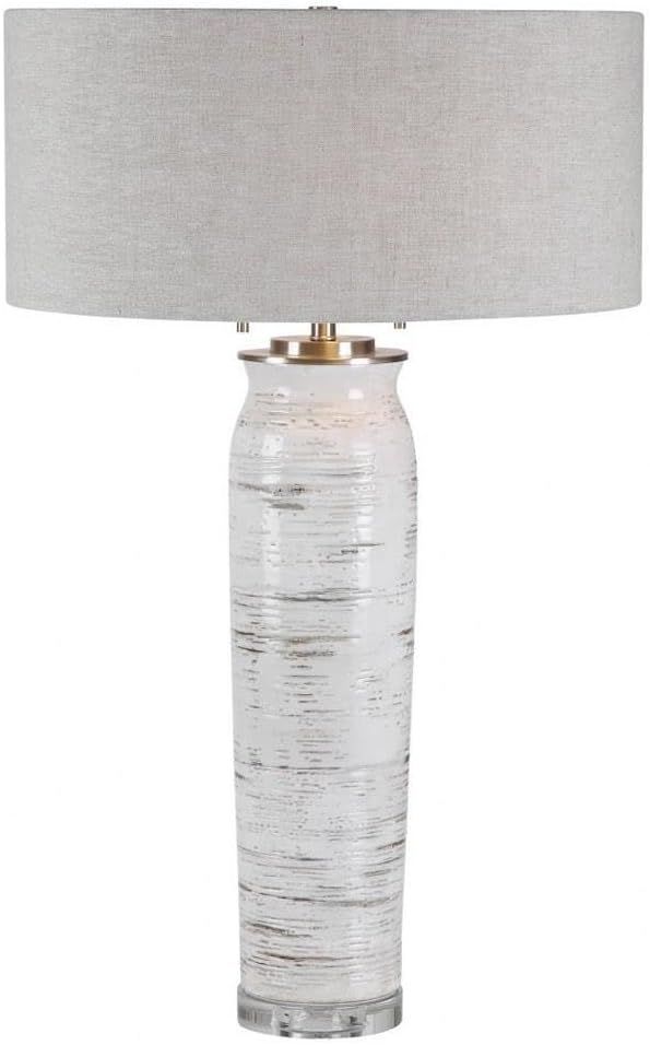 Distressed Off-White Ceramic Table Lamp with Drum Shade