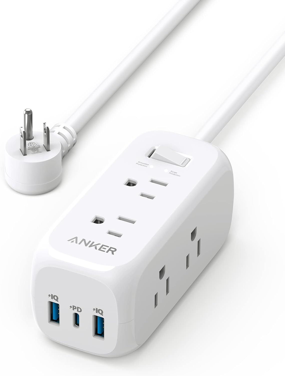 Compact White 6-Outlet USB-C Power Strip with Surge Protection