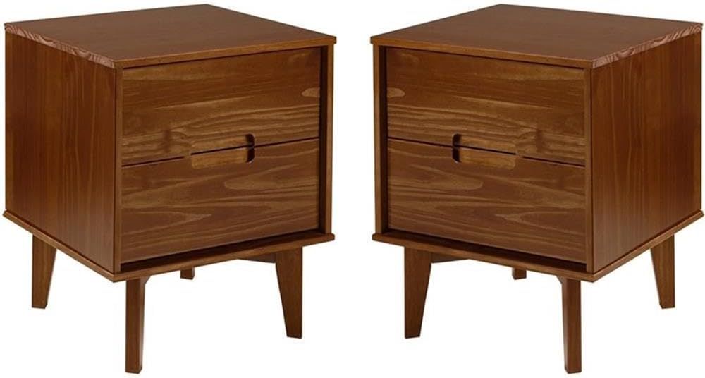 Mid-Century Modern Walnut Pine 2-Drawer Nightstand Set