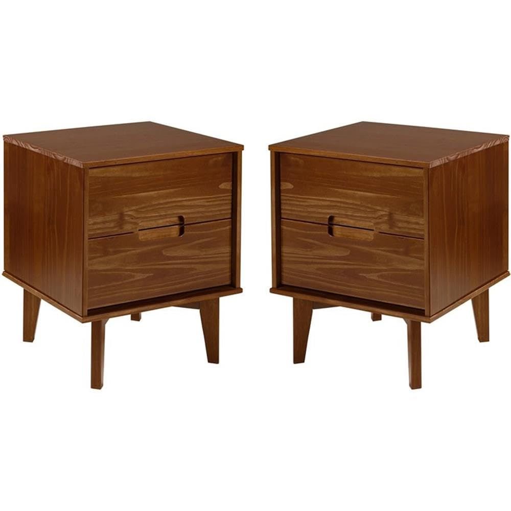 Mid-Century Modern Walnut Pine 2-Drawer Nightstand Set