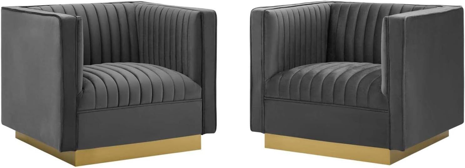 Gray Velvet Channel Tufted Armchair Set with Gold Metal Base