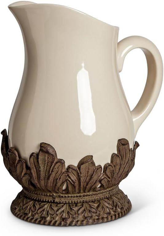 Cream Ceramic Pitcher with Ornate Metal Base, 9.5 Inch