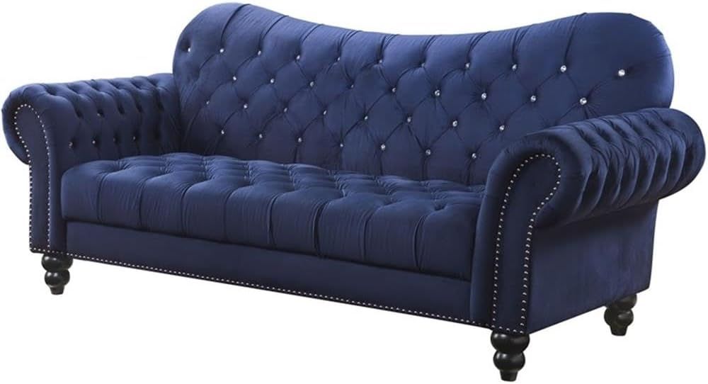 Elegant Blue Velvet Chesterfield Sofa with Tufted Detail and Nailhead Trim