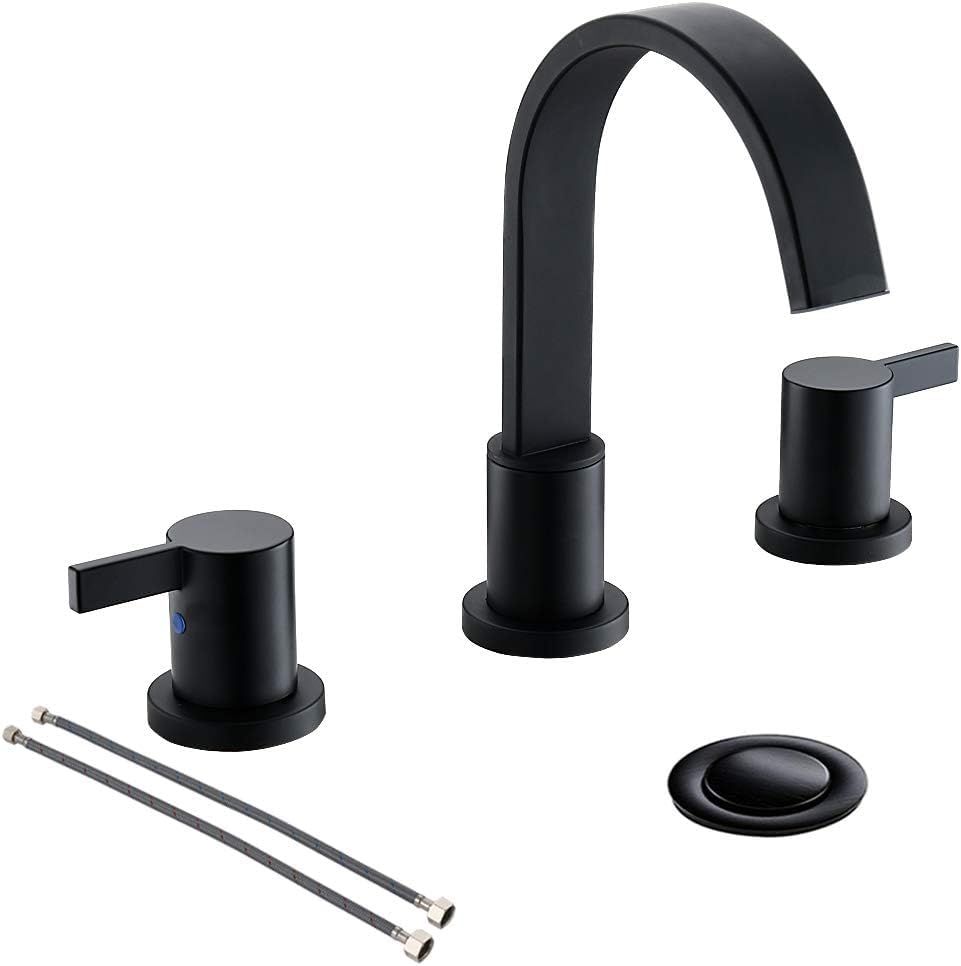 Matte Black Waterfall Widespread 8 Inch Bathroom Faucet with Copper Drain