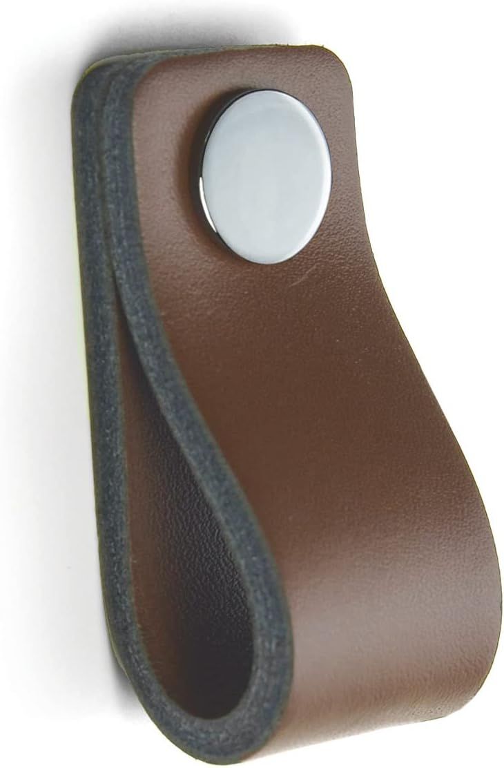 Brown Leather Modern Finger Cabinet Pull with Chrome Mounting