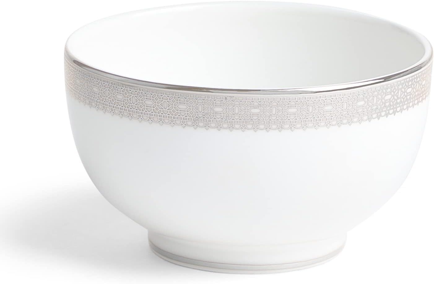 White Ceramic Round Rice Bowl with Platinum Band