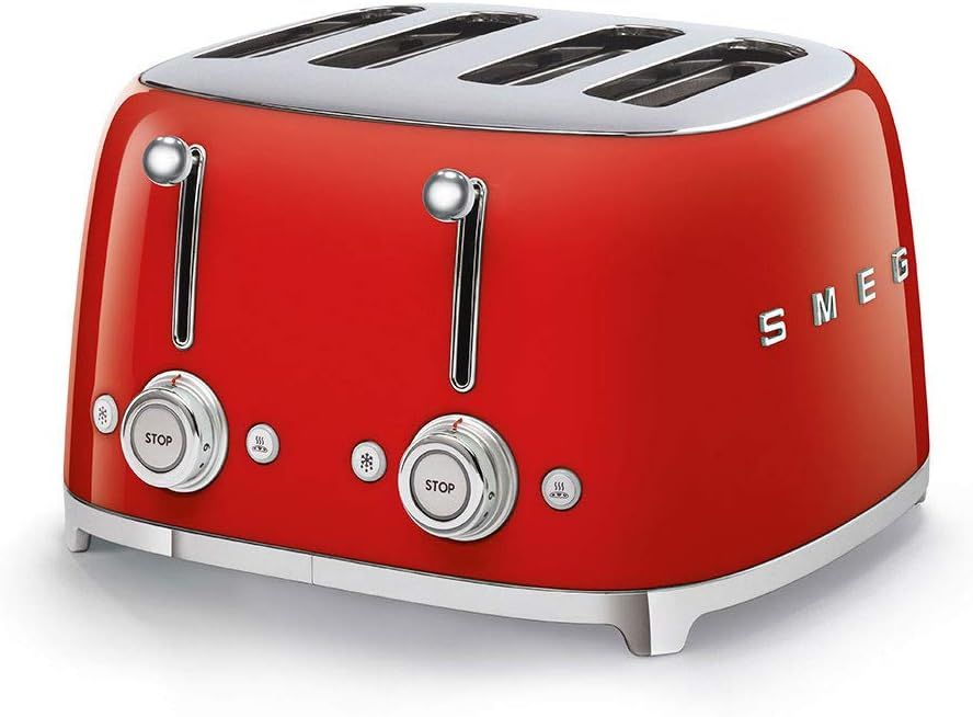 Retro Red Stainless Steel 4-Slice Toaster with Wide Slots