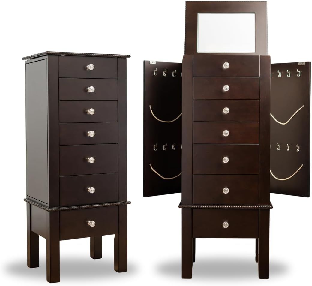 Espresso French Standing Jewelry Armoire with Mirror