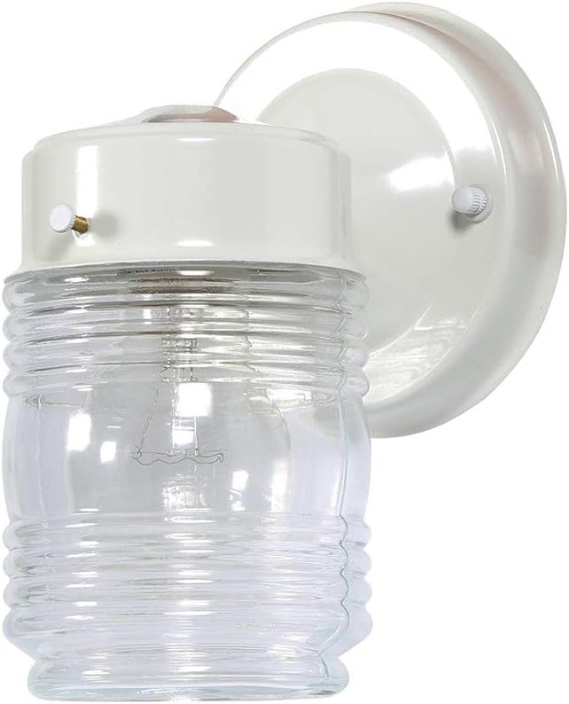 White Jelly Jar Ribbed Glass Outdoor Sconce