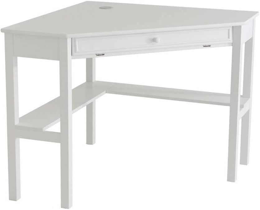 White Wood Transitional Corner Computer Desk with Drawer and Keyboard Tray